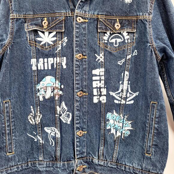 Eighty Eight Blue Denim Jean Don't Trip Stay Trippy Trucker Jacket Men's Size L - Picture 5 of 12